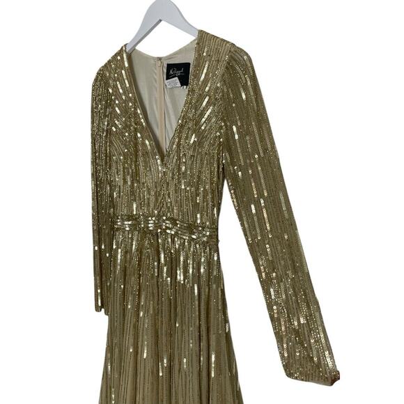 Mac Duggal Taupe Gold Long Sleeve Sequin & Bead Stripe Gown Size 6 $598 - Picture 5 of 8